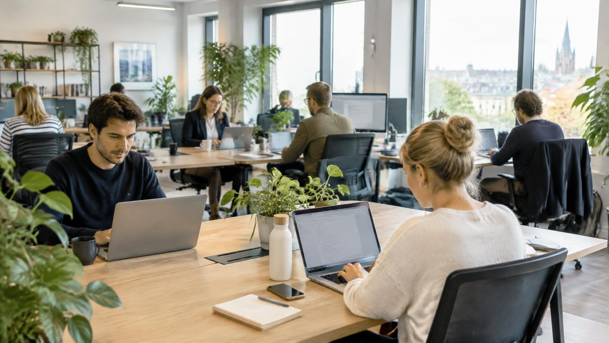 Bright open office space with colleagues working together