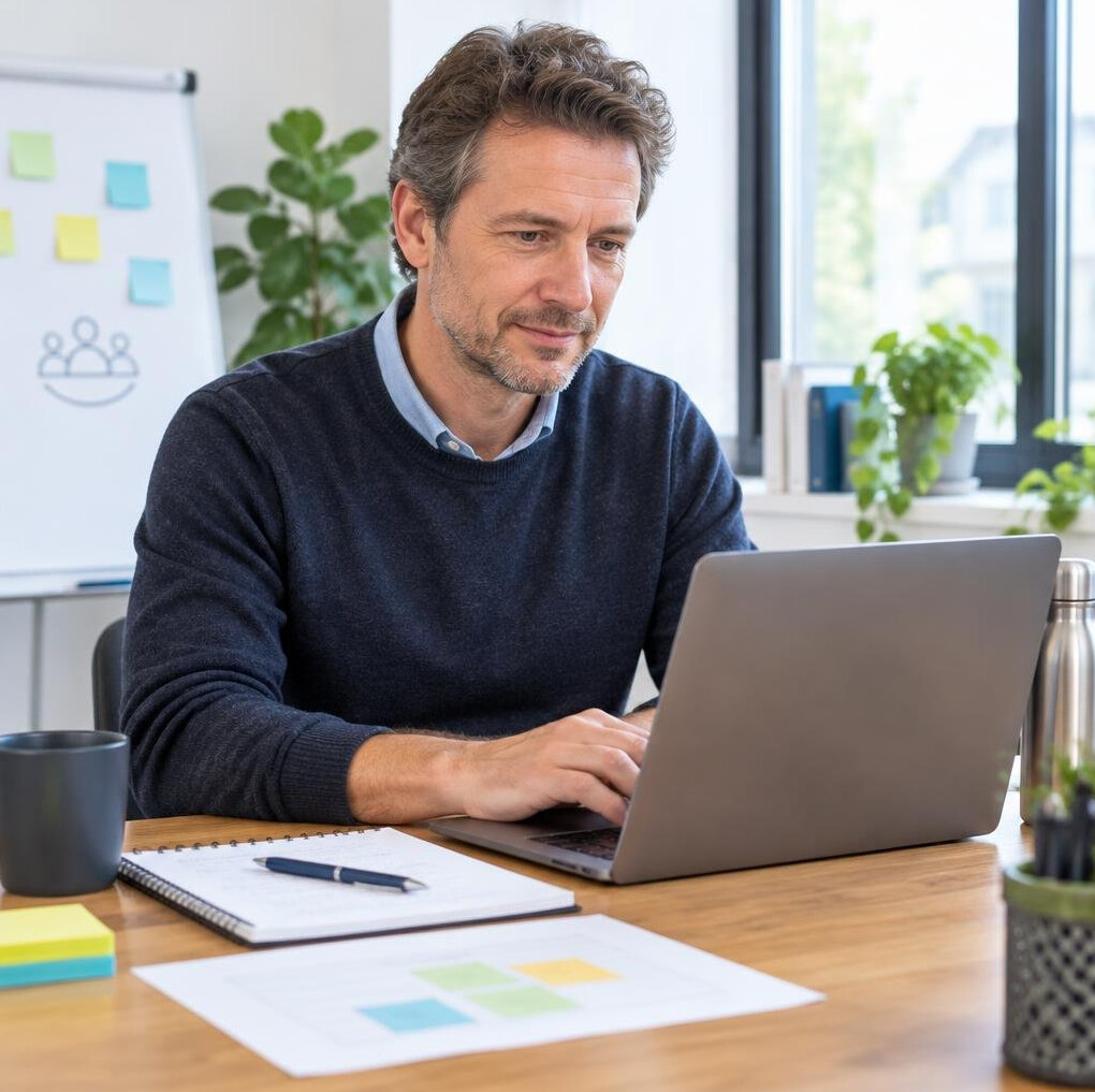 Man preparing session materials on a laptop