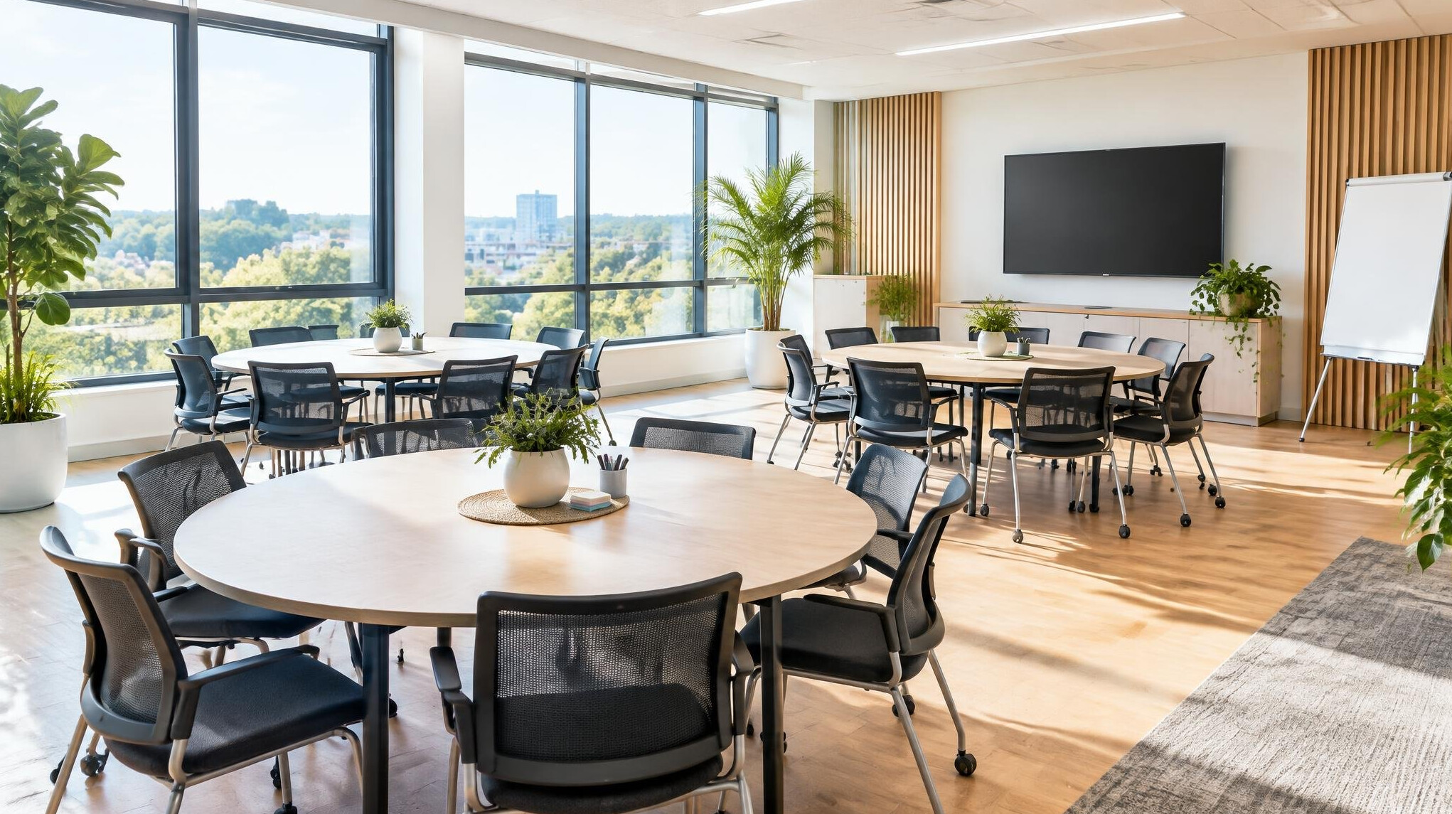 Wide view of a bright collaborative training room