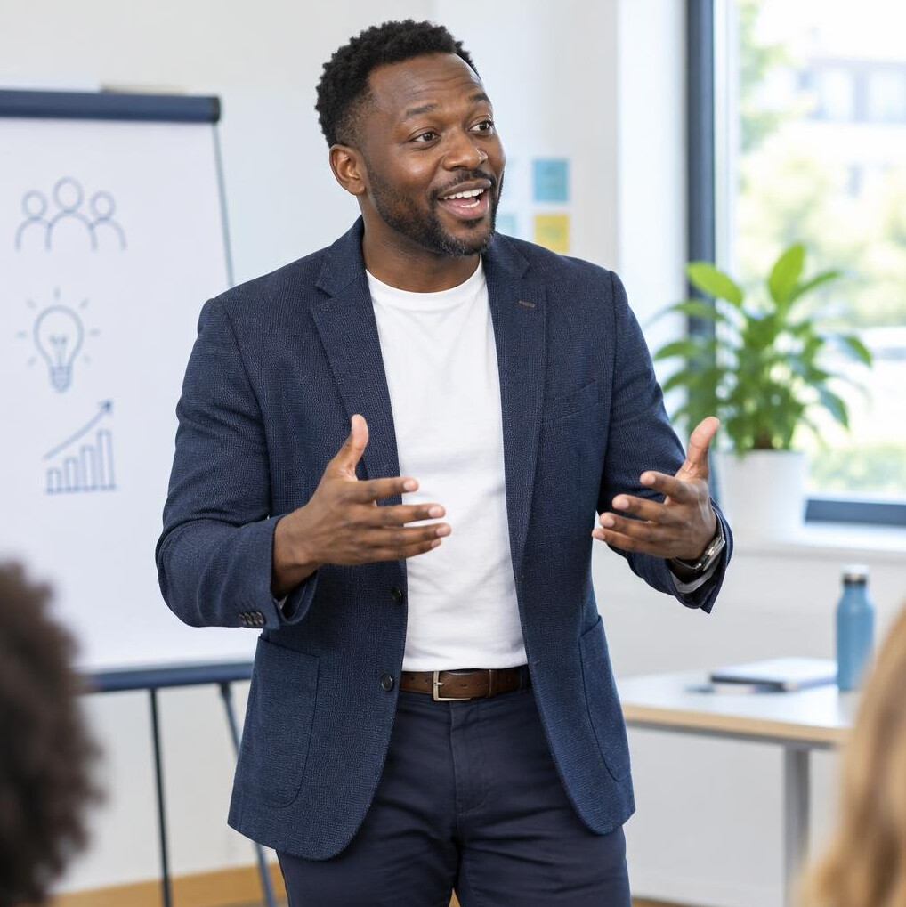 Man presenting to colleagues in a training room