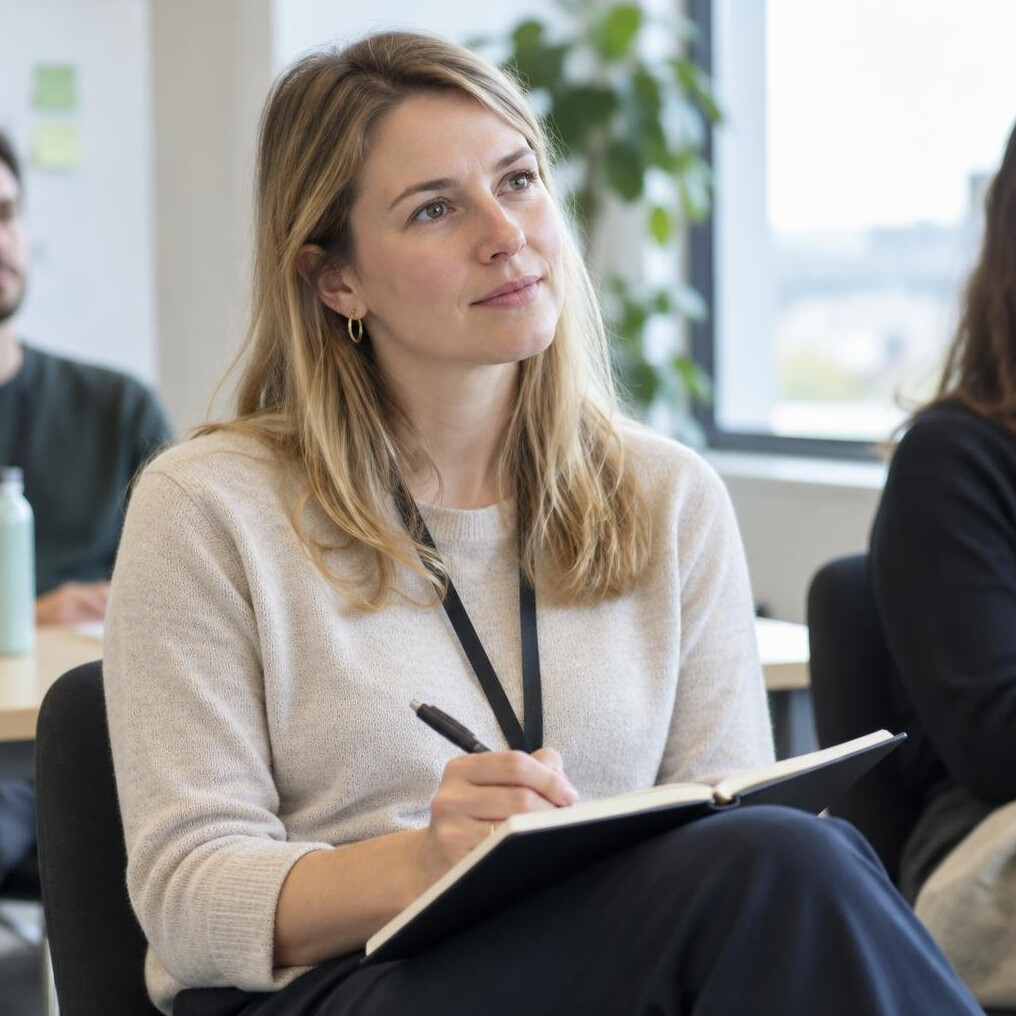 Woman actively listening and taking notes