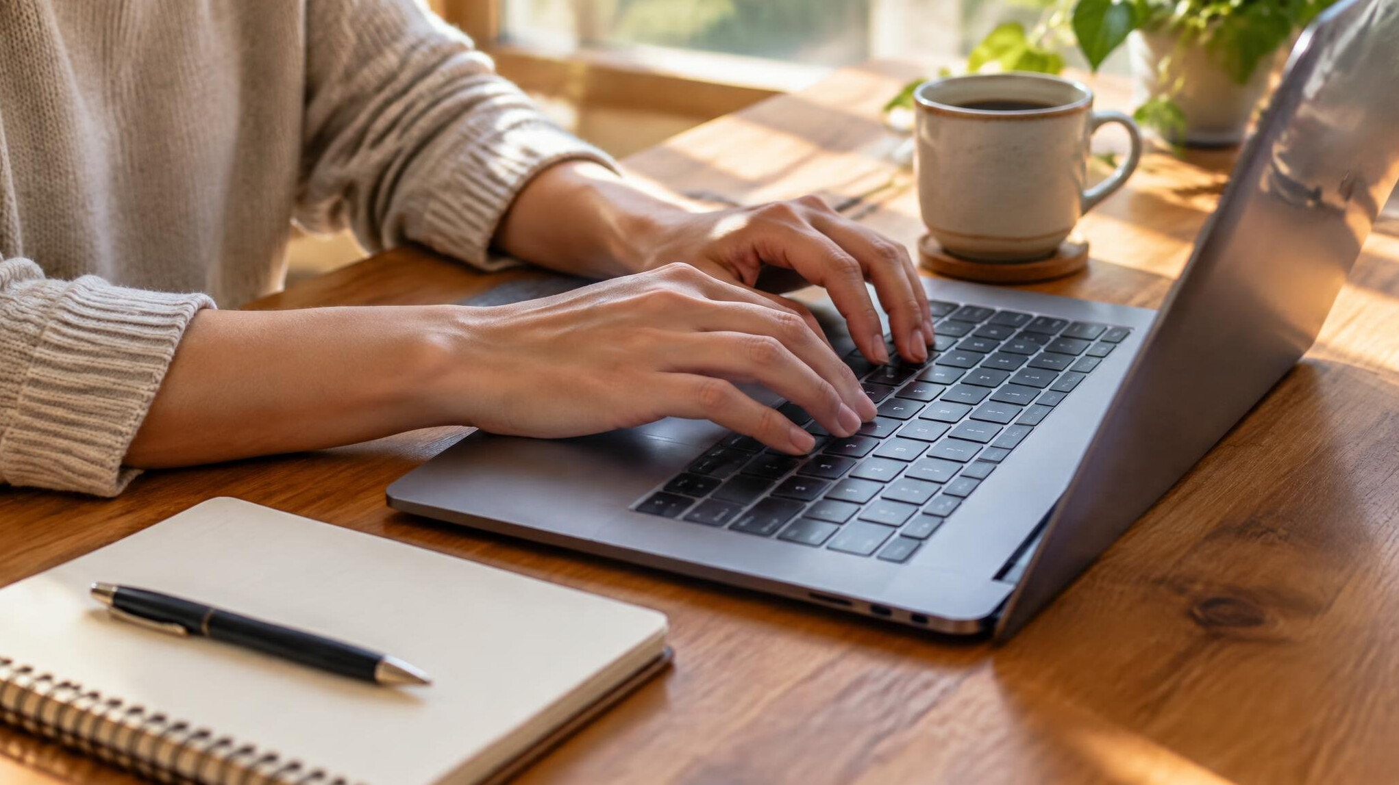 Close-up of hands typing on a laptop keyboard